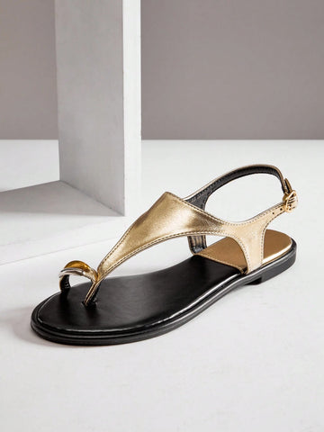 Vacation Casual Gold Decor Toe Ring Flat Sandals