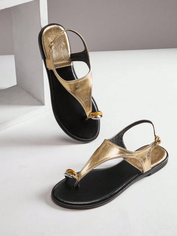 Vacation Casual Gold Decor Toe Ring Flat Sandals