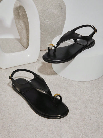 Vacation Casual Gold Decor Toe Ring Flat Sandals