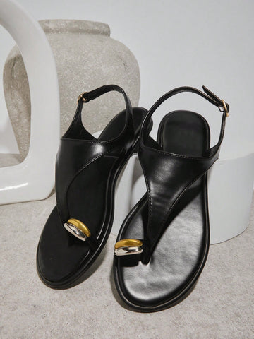 Vacation Casual Gold Decor Toe Ring Flat Sandals