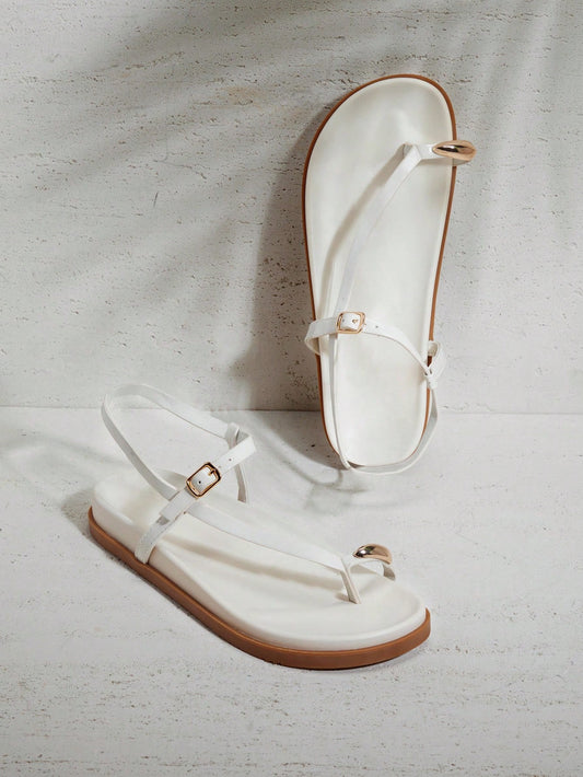 Women's Comfortable Gold Metal Toe Ring Flat Sandals