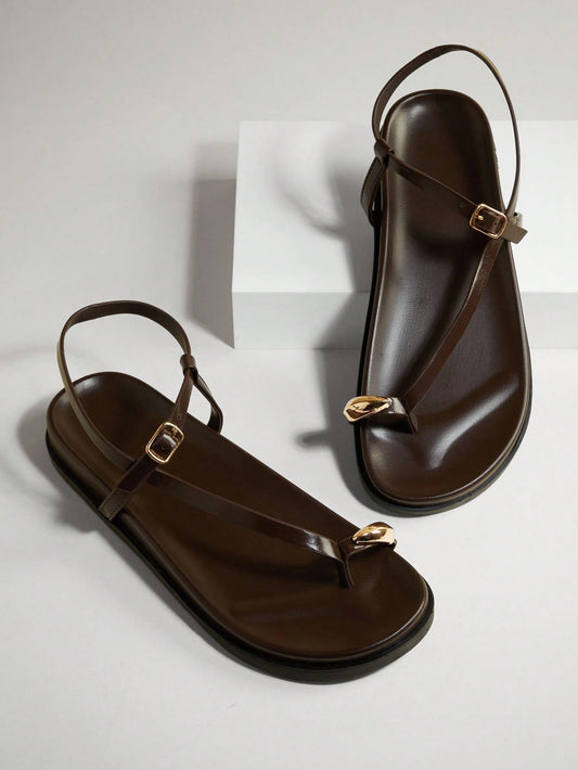 Women's Comfortable Gold Metal Toe Ring Flat Sandals