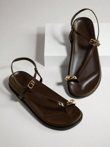 Women's Comfortable Gold Metal Toe Ring Flat Sandals