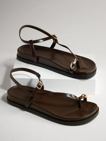 Women's Comfortable Gold Metal Toe Ring Flat Sandals