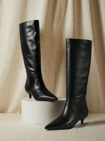 Women's Glamorous Sexy Pointed Toe Kitten Heel Knee-High Boots