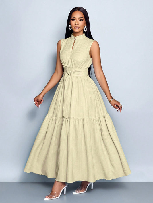 Stand Collar Front Cut Out Sleeveless Cinched Waist Tie Knot Dress