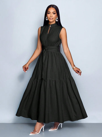 Stand Collar Front Cut Out Sleeveless Cinched Waist Tie Knot Dress
