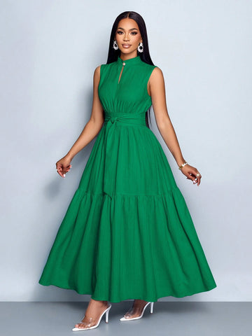 Stand Collar Front Cut Out Sleeveless Cinched Waist Tie Knot Dress
