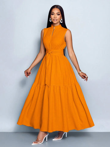 Stand Collar Front Cut Out Sleeveless Cinched Waist Tie Knot Dress
