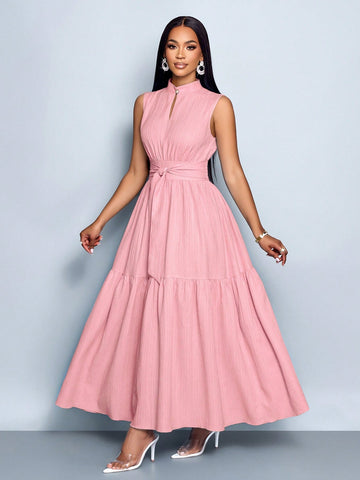Stand Collar Front Cut Out Sleeveless Cinched Waist Tie Knot Dress
