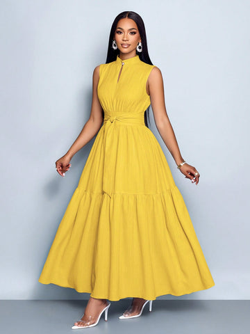 Stand Collar Front Cut Out Sleeveless Cinched Waist Tie Knot Dress