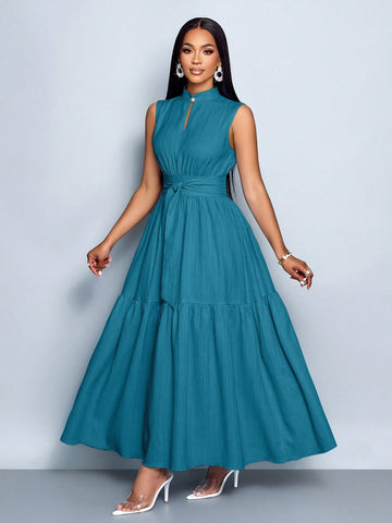 Stand Collar Front Cut Out Sleeveless Cinched Waist Tie Knot Dress
