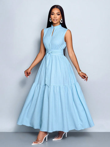 Stand Collar Front Cut Out Sleeveless Cinched Waist Tie Knot Dress