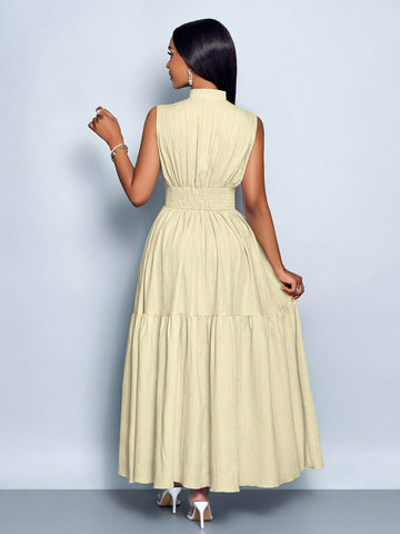 Stand Collar Front Cut Out Sleeveless Cinched Waist Tie Knot Dress