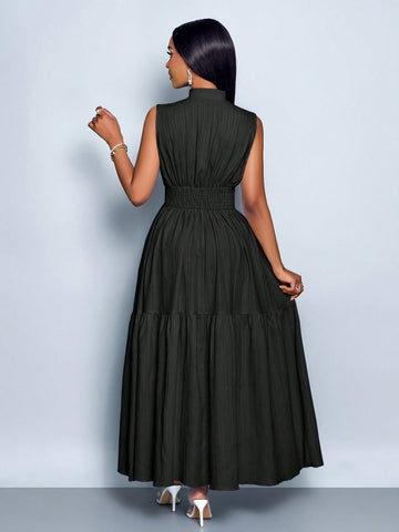 Stand Collar Front Cut Out Sleeveless Cinched Waist Tie Knot Dress