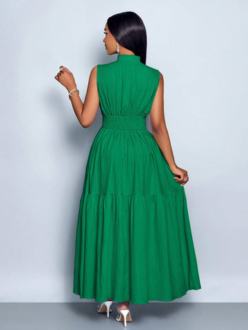 Stand Collar Front Cut Out Sleeveless Cinched Waist Tie Knot Dress