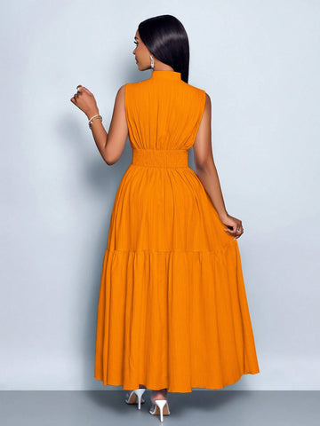 Stand Collar Front Cut Out Sleeveless Cinched Waist Tie Knot Dress
