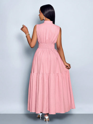 Stand Collar Front Cut Out Sleeveless Cinched Waist Tie Knot Dress