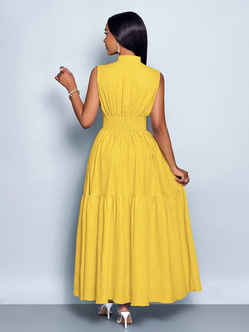 Stand Collar Front Cut Out Sleeveless Cinched Waist Tie Knot Dress
