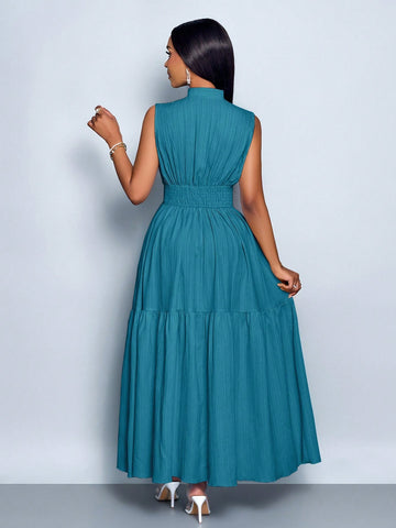 Stand Collar Front Cut Out Sleeveless Cinched Waist Tie Knot Dress