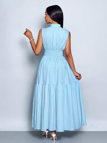 Stand Collar Front Cut Out Sleeveless Cinched Waist Tie Knot Dress