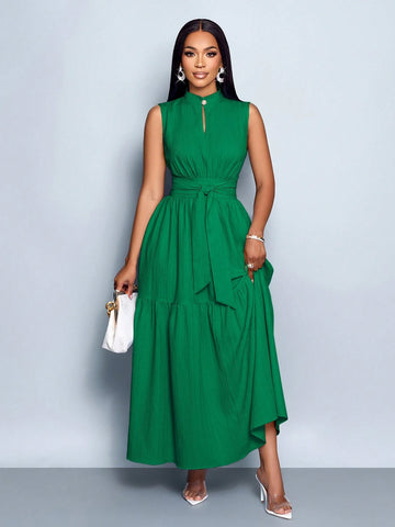 Stand Collar Front Cut Out Sleeveless Cinched Waist Tie Knot Dress