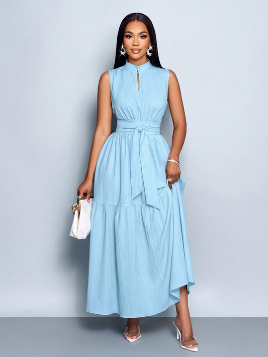 Stand Collar Front Cut Out Sleeveless Cinched Waist Tie Knot Dress