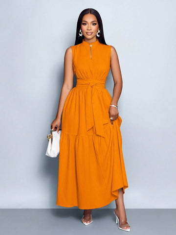 Stand Collar Front Cut Out Sleeveless Cinched Waist Tie Knot Dress