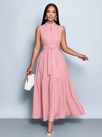Stand Collar Front Cut Out Sleeveless Cinched Waist Tie Knot Dress