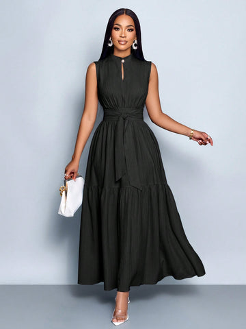 Stand Collar Front Cut Out Sleeveless Cinched Waist Tie Knot Dress