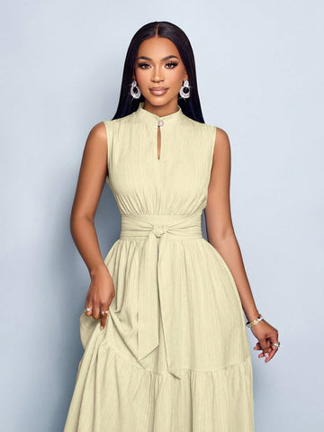 Stand Collar Front Cut Out Sleeveless Cinched Waist Tie Knot Dress