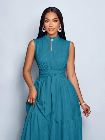 Stand Collar Front Cut Out Sleeveless Cinched Waist Tie Knot Dress