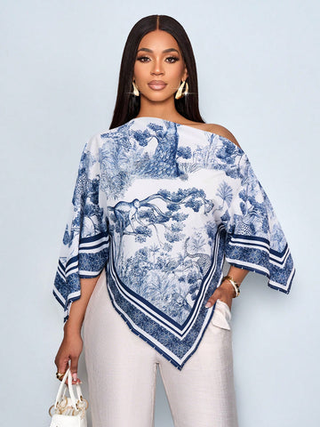 Elegant Apricot Patterned Asymmetric Neck Long Sleeve Asymmetrical Hem Blouse