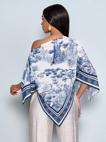 Elegant Apricot Patterned Asymmetric Neck Long Sleeve Asymmetrical Hem Blouse