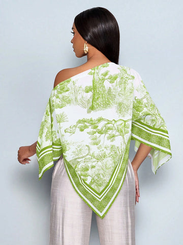 Elegant Apricot Patterned Asymmetric Neck Long Sleeve Asymmetrical Hem Blouse