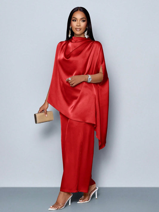 Batwing Sleeve Satin Asymmetrical Hem Blouse & Straight-Leg Elegant Long Pants Sets