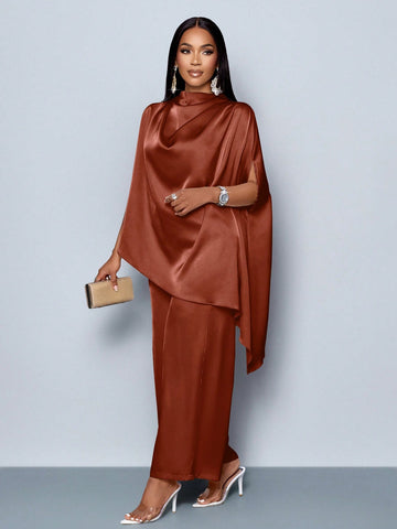 Batwing Sleeve Satin Asymmetrical Hem Blouse & Straight-Leg Elegant Long Pants Sets