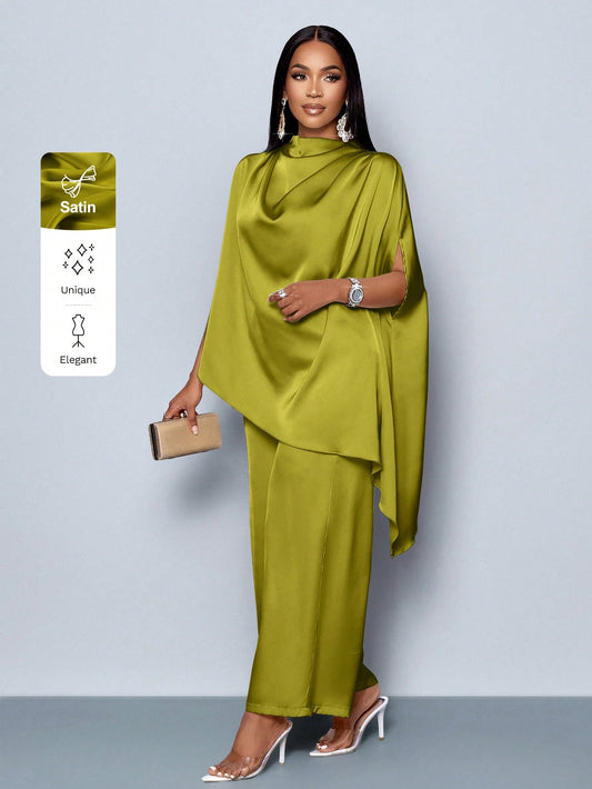 Batwing Sleeve Satin Asymmetrical Hem Blouse & Straight-Leg Elegant Long Pants Sets