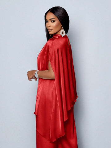 Batwing Sleeve Satin Asymmetrical Hem Blouse & Straight-Leg Elegant Long Pants Sets