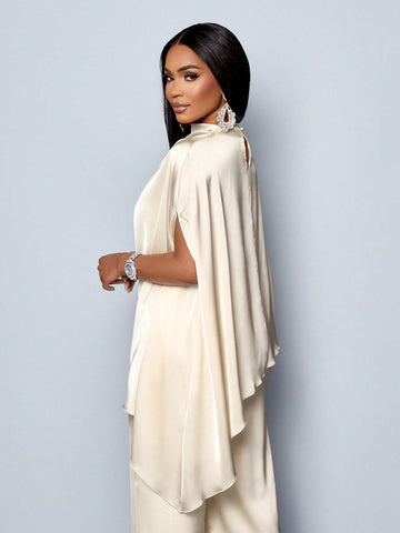 Batwing Sleeve Satin Asymmetrical Hem Blouse & Straight-Leg Elegant Long Pants Sets