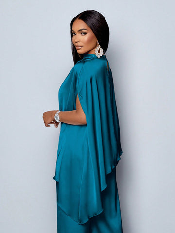 Batwing Sleeve Satin Asymmetrical Hem Blouse & Straight-Leg Elegant Long Pants Sets