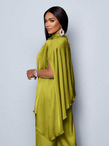 Batwing Sleeve Satin Asymmetrical Hem Blouse & Straight-Leg Elegant Long Pants Sets