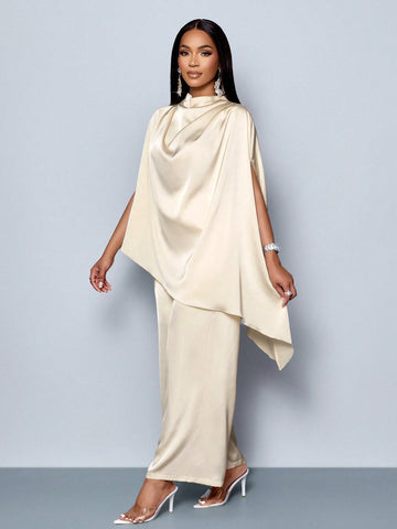 Batwing Sleeve Satin Asymmetrical Hem Blouse & Straight-Leg Elegant Long Pants Sets