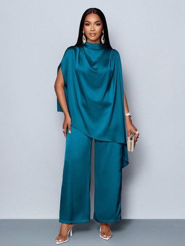 Batwing Sleeve Satin Asymmetrical Hem Blouse & Straight-Leg Elegant Long Pants Sets