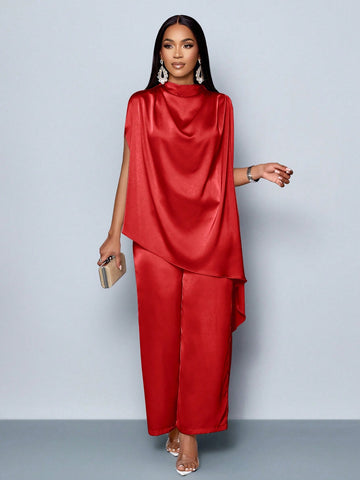 Batwing Sleeve Satin Asymmetrical Hem Blouse & Straight-Leg Elegant Long Pants Sets