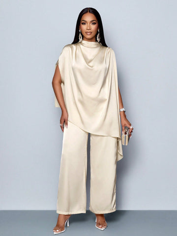 Batwing Sleeve Satin Asymmetrical Hem Blouse & Straight-Leg Elegant Long Pants Sets