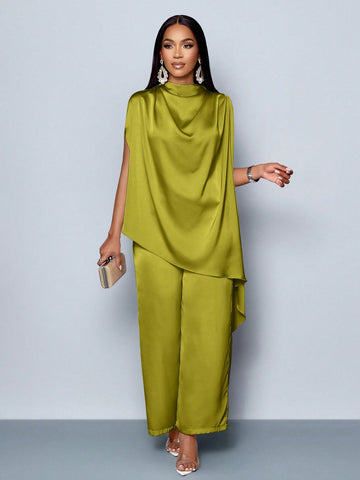 Batwing Sleeve Satin Asymmetrical Hem Blouse & Straight-Leg Elegant Long Pants Sets