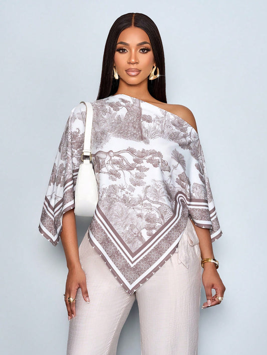 Elegant Apricot Patterned Asymmetric Neck Long Sleeve Asymmetrical Hem Blouse