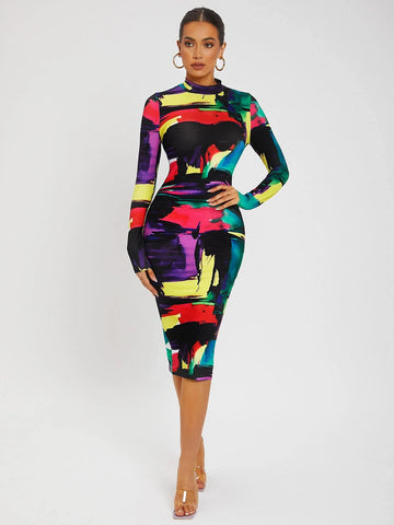 SXY Colorblock Split Hem Back Bodycon Dress