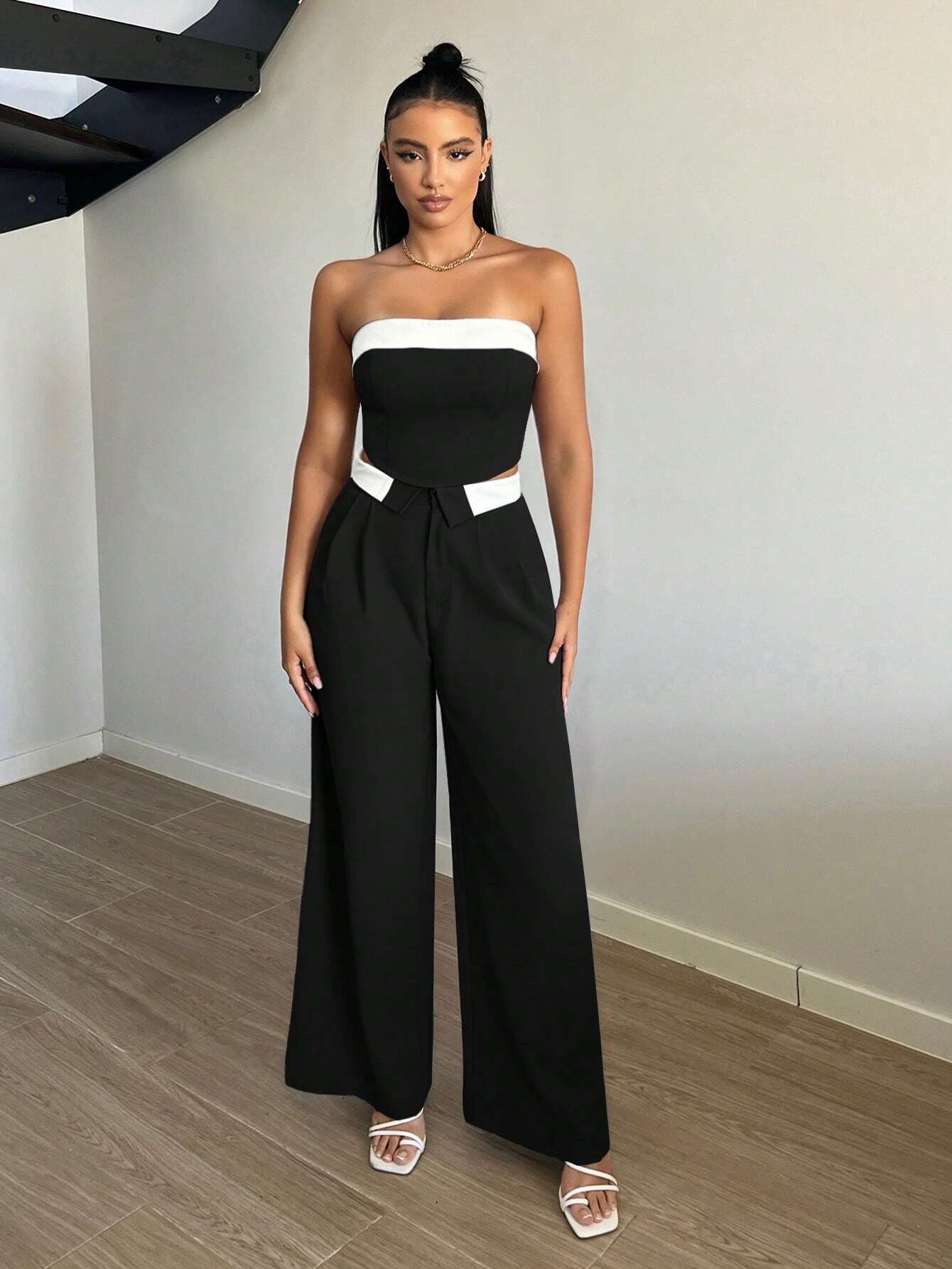 SXY Contrast Trim Wide Leg Suit Pants